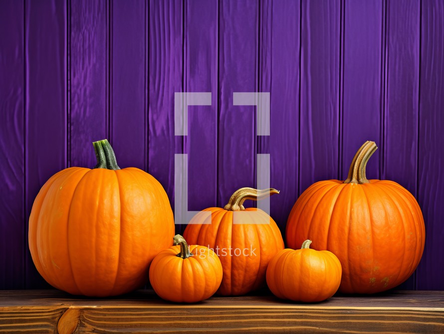 Pumpkins on a wooden shelf in front of a purple painted wall