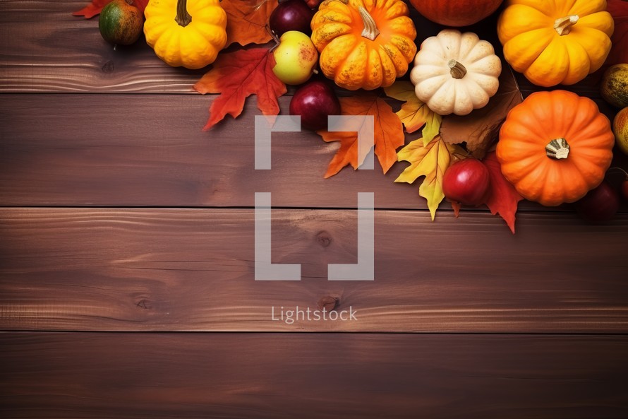 Autumn background with pumpkins and leaves on wooden board. Space for text