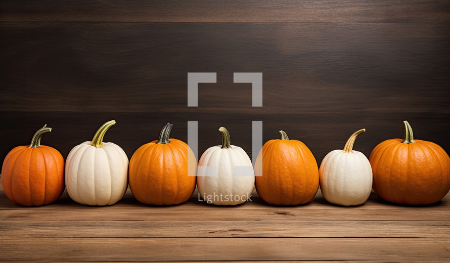 Autumn pumpkins on wooden background with copy space. Halloween concept