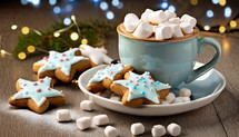 Hot chocolate cup with marshmallows and cookies