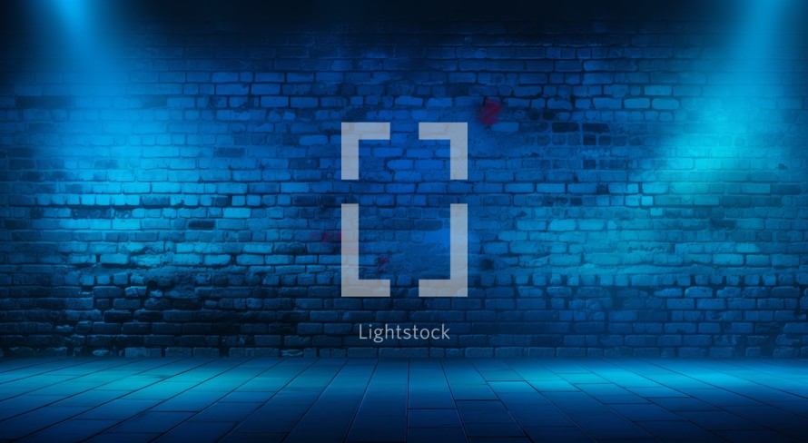 Blue brick wall and floor with spotlights. 3D illustration.