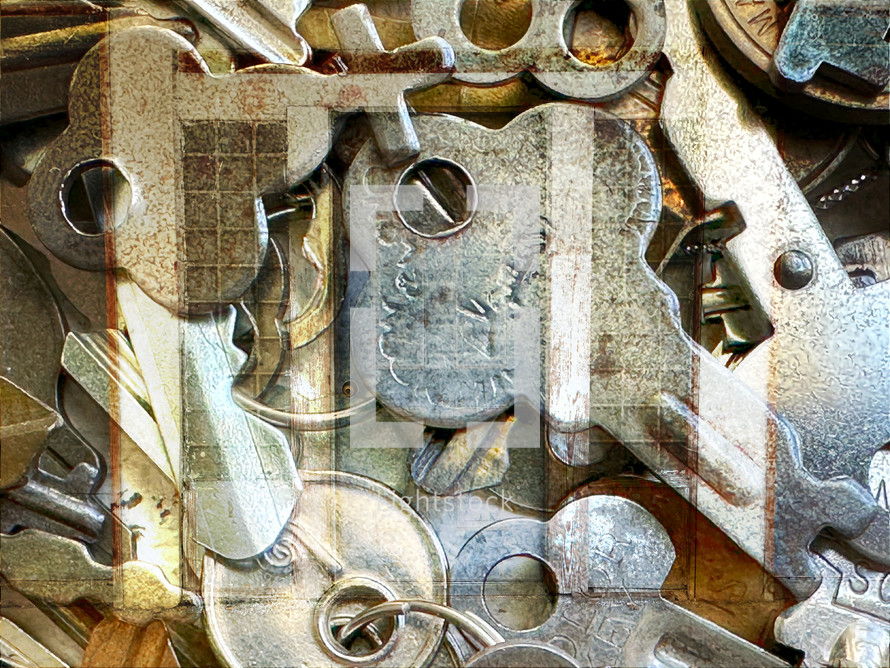 A pile of silver and gold keys with door overlay