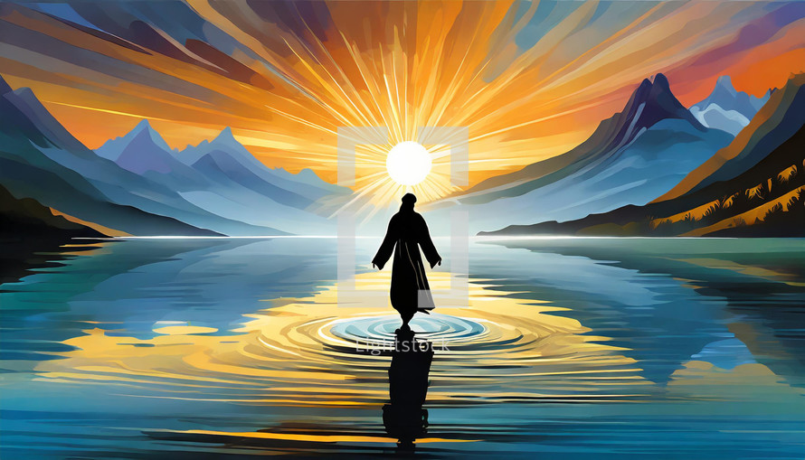 Watercolor image of Jesus walking on water toward a beautiful sunset with mountains and bright colors.