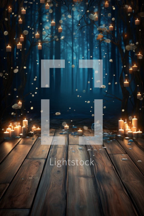 Wooden floor in the forest with burning candles and snowflakes