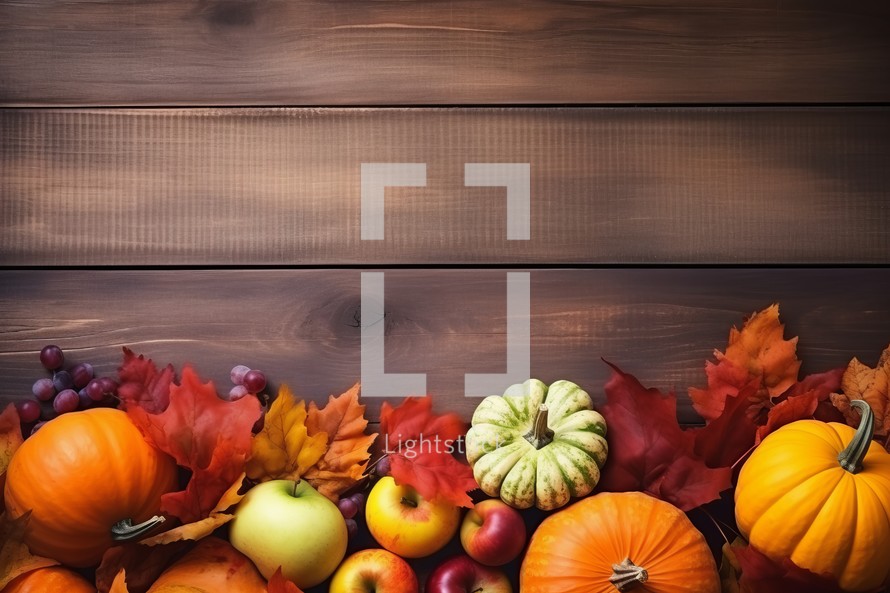 Autumn background with pumpkins, apples and leaves on wooden background