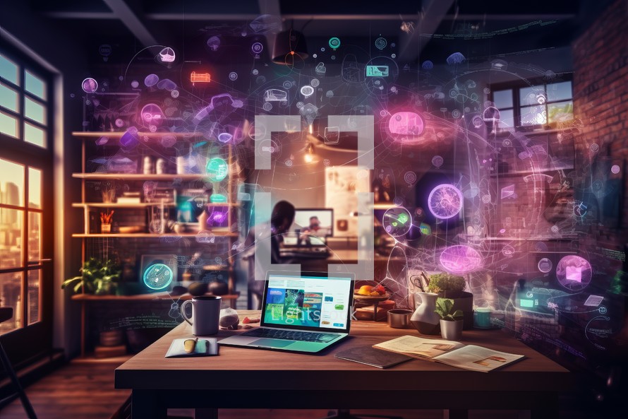 Digital composite of Businessman using laptop with social media icons and flare