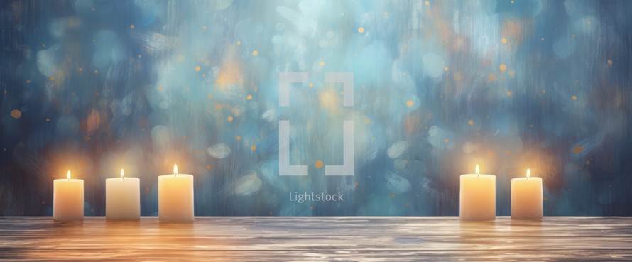 Candles on wooden table against blue background. 3D illustration.