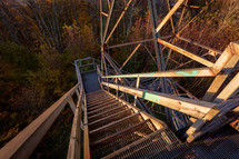 View from wood and metal watch tower staircase looking down on Bickle Knob, West Virginia in autumn