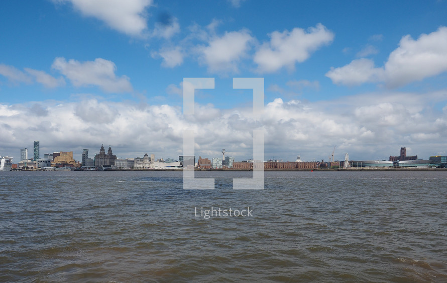 LIVERPOOL, UK - CIRCA JUNE 2016: Skyline view of the waterfront on River Mersey