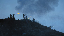 Miniature silhouettes of WWII American and German soldiers fighting under fire attack. War concept

