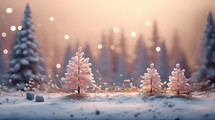Holiday season background with space for text. Small tiny pink Pinetree trees and lights grow up with the vast forest in the background. Snow is everywhere. 