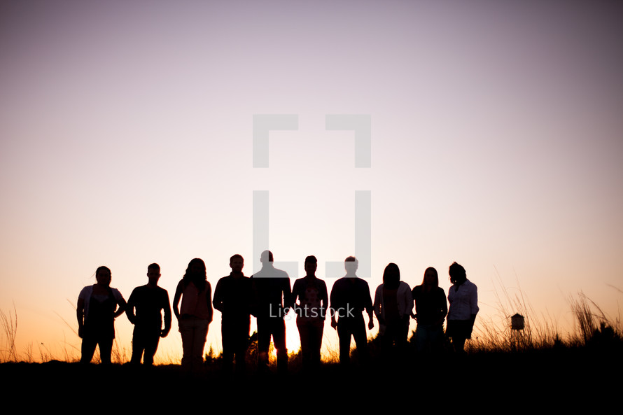 silhouettes, group, people, row, standing, field, outdoors 