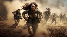 A group of women fighting in an armed conflict. War and Revolution concept