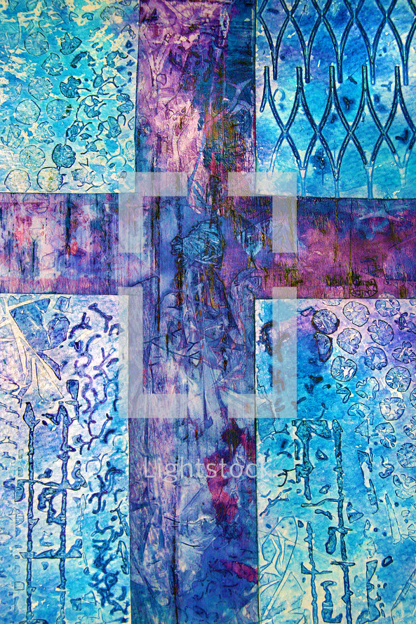 purple and blue textural cross art