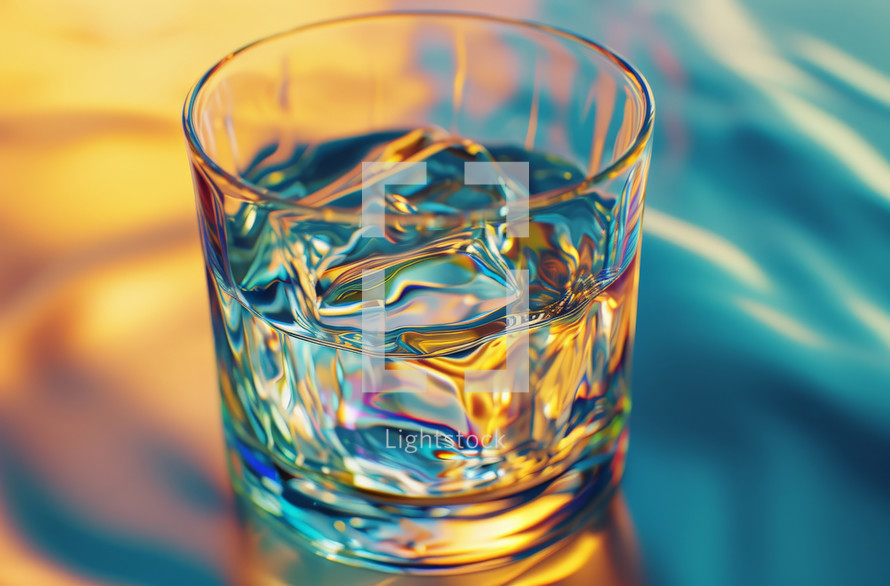 A glass of colorful water standing on a liquid surface.