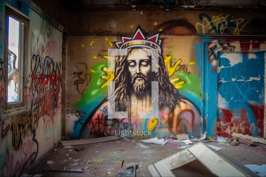 A graffiti wall depicting Jesus as king