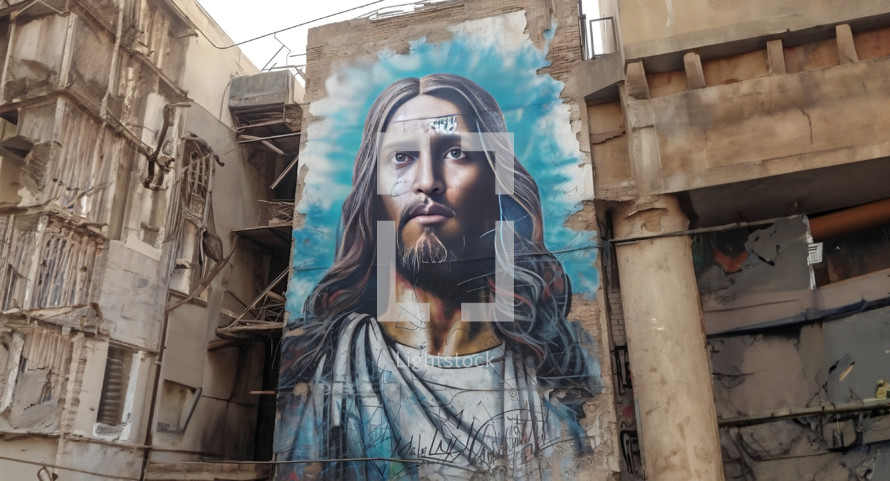 Graffiti of Jesus on to the side of a building in a deprived area