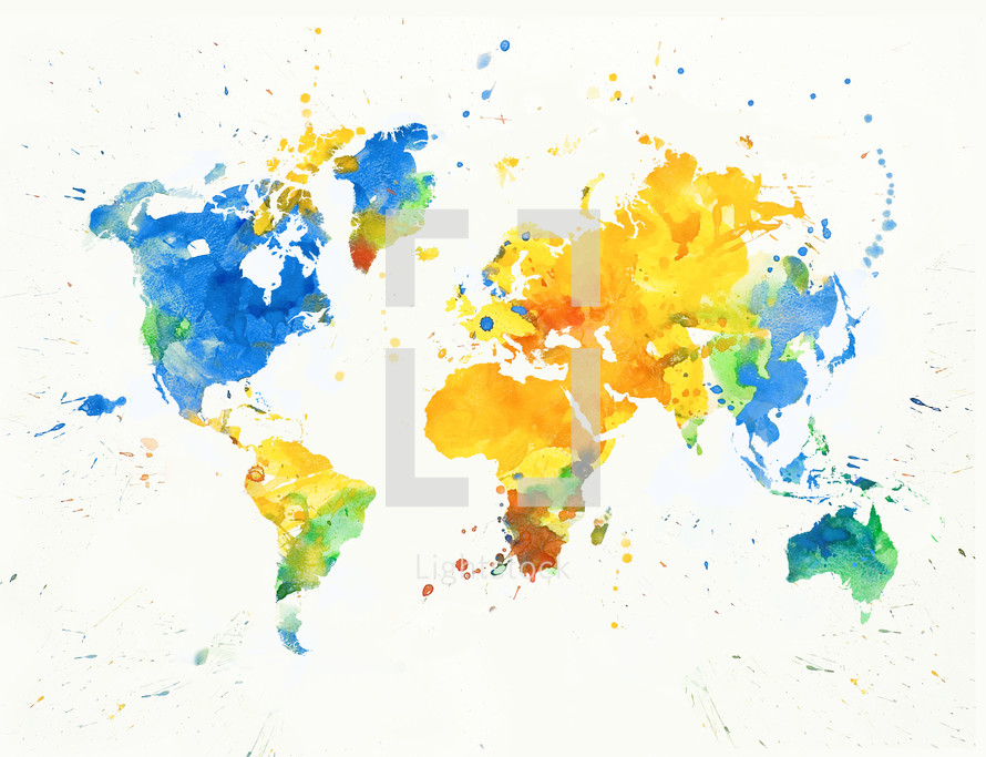 Watercolor map of the world with splotches of colored paint.