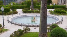 Beautiful garden with fountain and tall palm trees