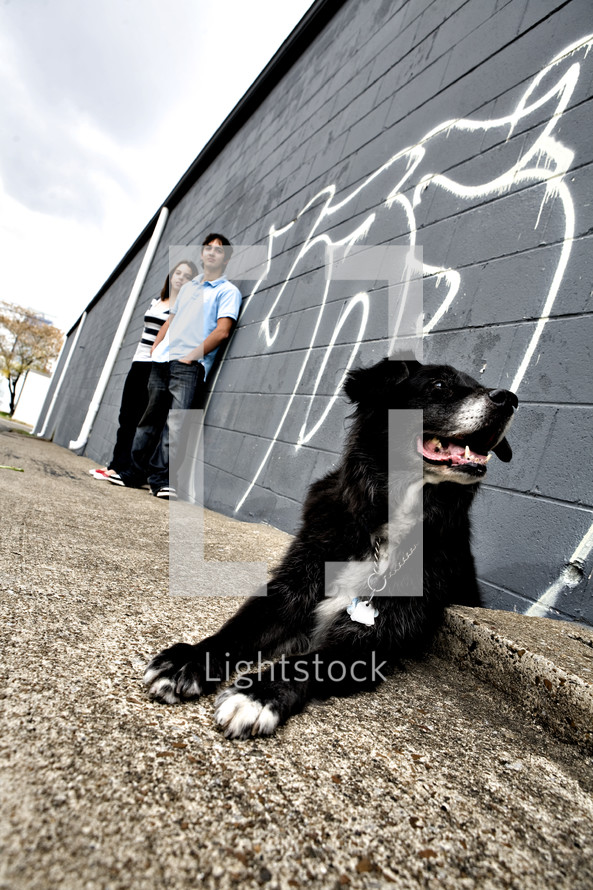 teens standing against a graffitied wall and a dog
