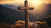 Rosary Crucifix on the mountain at sunset