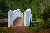 White footbridge pathway over a pond near trees