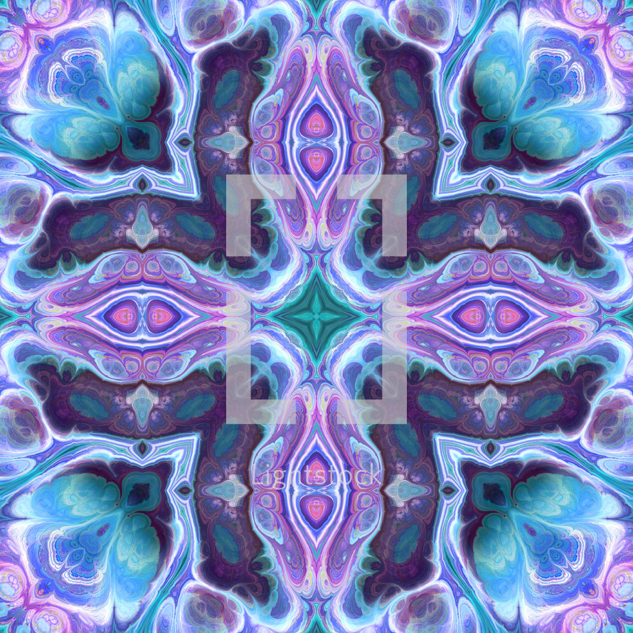 cross-shaped turquoise, purple, white, medallion kaleidoscope 
