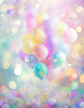 festive vertical background of pastel color balloons and confetti with bokeh effect