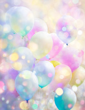 festive background of pastel color balloons and confetti with bokeh effect - vertical format