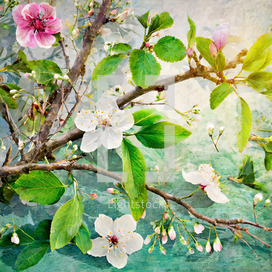  flowering tree branches - mixed media style spring floral artwork