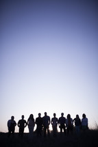 silhouettes, group, people, row, standing, field, outdoors, team, man, woman