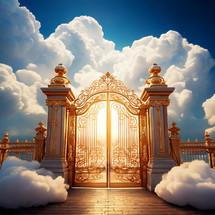 Huge golden gates surrounded by big puffy white clouds in the sky with a bright sun in the background