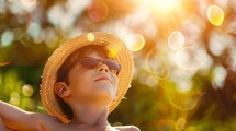 A Child With Sunglasses And Straw Hat