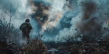 Soldier in war environment with smoke, copy space 