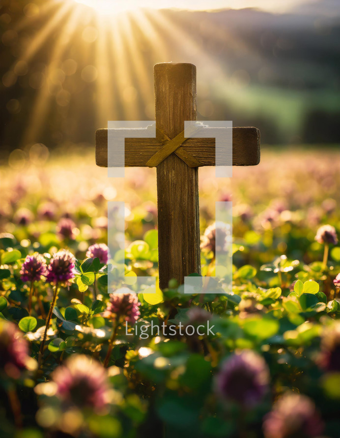 Old dirty wooden cross in the middle of a clover field backlit by the sun at sunset.