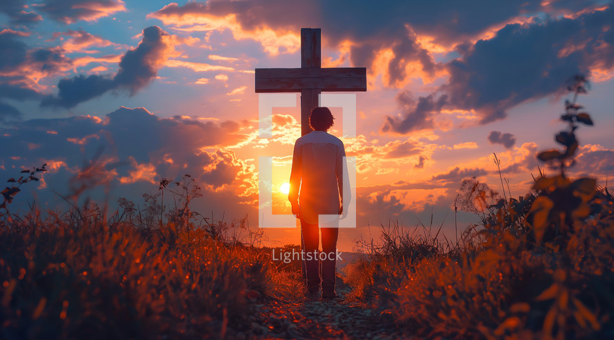 Man in front of old wooden cross at sunset. Christianity and worship concept.