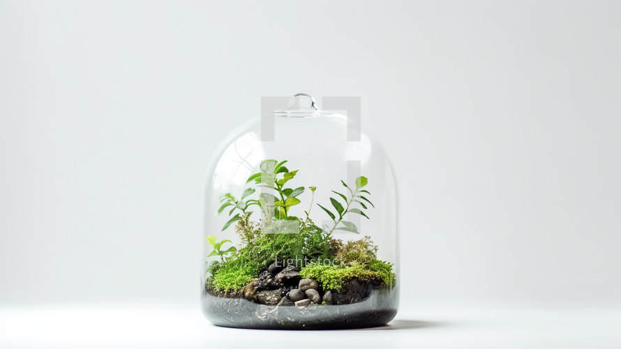 Glass terrarium with dirt and plants growing 