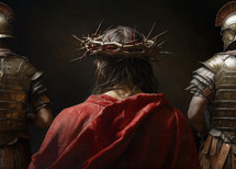 A painting of Jesus wearing a crown of thorns and scarlet robe, standing between two roman guards.