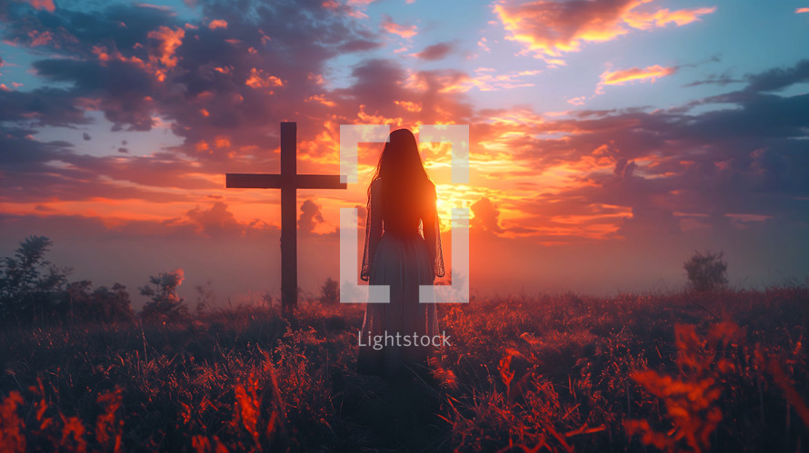 Woman in front of old wooden cross at sunset. Christianity and worship concept.