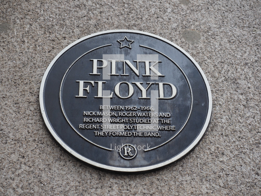 LONDON, UK - CIRCA SEPTEMBER 2019: Pink Floyd plaque at Regent Street Polytechnic where they studied and formed the band