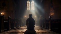 Man praying in church sunlight
