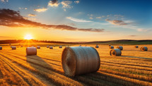 Hay bales in the countryside on sunset 