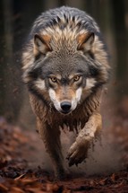 A photo of a running Grey Wolf