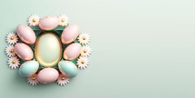 Shiny 3d Easter eggs as a background or banner with small flower ornaments and empty space