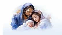Painting of Joseph, Mary, and the newborn baby Jesus. Watercolors