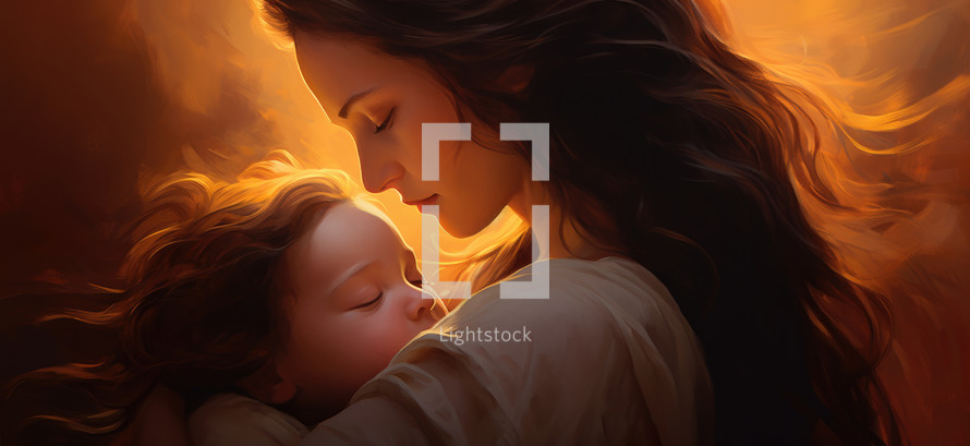 Maternity. Illustration. Beautiful mother and her little daughter