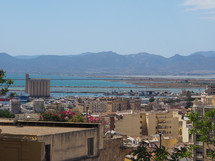 Aerial view of the city of Cagliari, Italy looking towards the marina