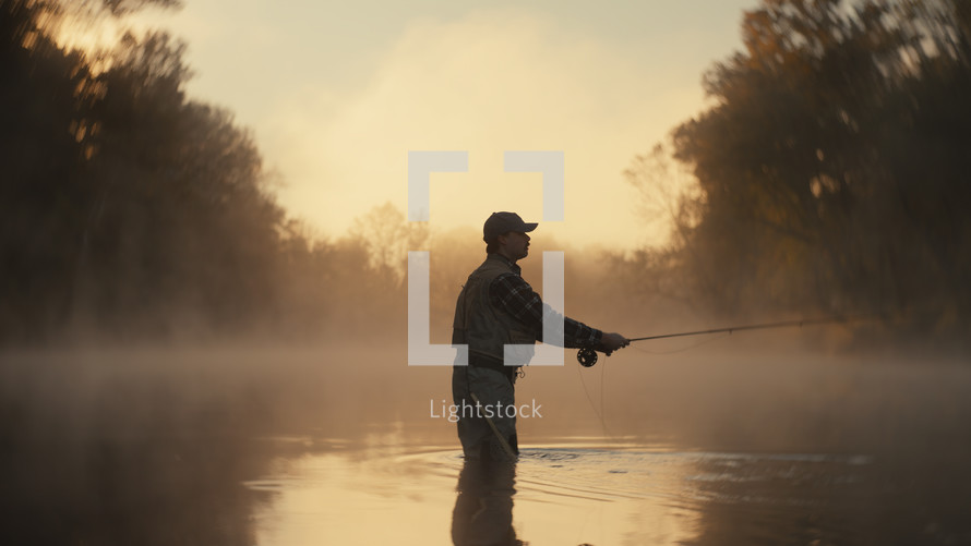 Young fly fisherman casting on a foggy river at sunrise