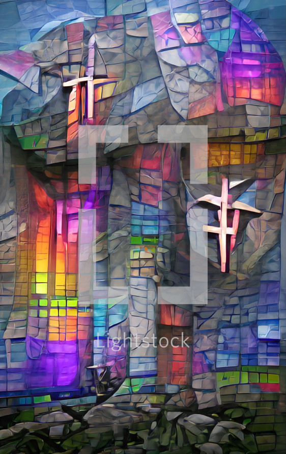 modern rustic cross wall mosaic stained glass effect, created with AI input and further editing