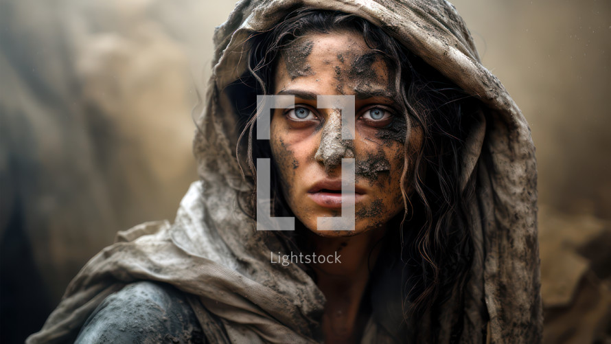 Portrait of a woman with her face covered in mud during a catastrophic event. Social issues
